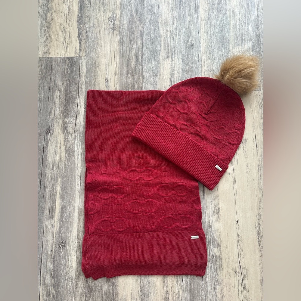Coach Red Knit Beanie and Scarf Set with Faux Fur Pom Pom